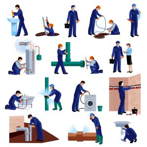 Plumber flat icons set with repair professional fixing water pipes isolated vector illustration